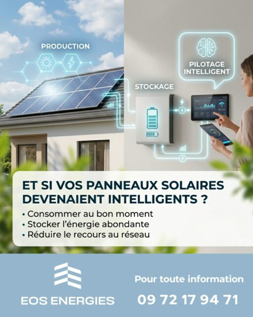 ⚡ Et si vos panneaux solaires devenaient… intelligents ?

Pendant longtemps, installer du photovoltaïque suffisait à réduire sa facture.
Aujourd’hui, la vraie différence ne se fait plus sur la production…
👉 mais sur la façon dont vous utilisez votre énergie.

C’est exactement ce que nous développons chez EOS ENERGIES.
☀️ Produire de l’électricité, c’est bien.
🧠 L’optimiser en temps réel, c’est là que tout change.

Grâce à des systèmes connectés et à l’analyse des données, il devient possible de :
• Consommer au bon moment
• Stocker l’énergie quand elle est abondante
• Réduire fortement le recours au réseau

Résultat ?
📉 Une facture maîtrisée
🔋 Une autoconsommation maximisée
⚡ Une installation qui s’adapte à vos habitudes

On ne parle plus simplement de panneaux solaires…
Mais d’un véritable système énergétique intelligent.

👉 Le trio gagnant :
☀️ Production
🔋 Stockage
🧠 Pilotage intelligent

Et c’est cette combinaison qui permet aujourd’hui de franchir un cap vers l’indépendance énergétique.

💬 Le vrai sujet n’est plus :
“Combien je produis ?”

Mais plutôt :
“Comment j’utilise chaque kWh produit ?”

Le futur du solaire est déjà là.
Et il est piloté par la donnée.

#photovoltaïque #énergie #transitionénergétique #smartenergy #IA #autoconsommation