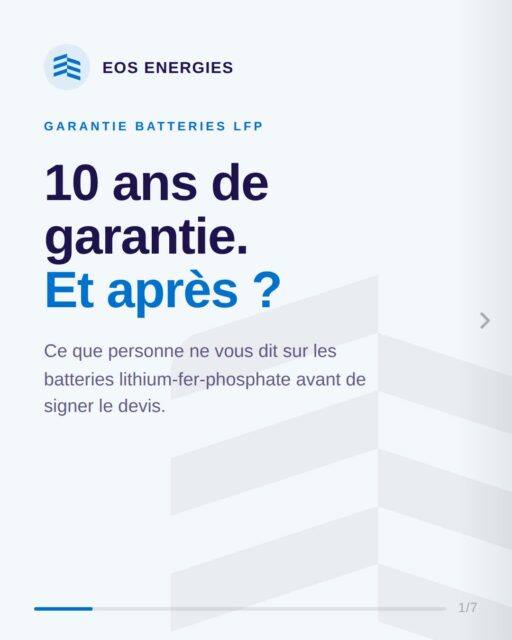⚡ Garantie 10 ans sur la batterie : rassurant. Mais ça ne dit pas tout.

Sur le terrain, je vois trop de devis où la garantie sert d'argument unique. Pourtant, deux batteries garanties "10 ans" peuvent avoir des durées de vie réelles très différentes — du simple au double.

Avant de signer, regardez : → Le nombre de cycles garantis (visez 6 000+ pour du LFP sérieux) → La capacité résiduelle en fin de garantie (≥ 80%) → La profondeur de décharge admissible → Les exclusions liées à la température → La solidité du fabricant (une garantie ne vaut que ce que vaut celui qui la porte)

Une LFP de qualité dépasse largement sa garantie. Le rôle d'un bon installateur, c'est de vous aider à faire le tri.

Besoin d'un avis sur un devis en cours ? Audit énergétique offert, sans engagement. 👉 eos-energies.fr

#autoconsommation #photovoltaique #batterieLFP #stockage #energiesolaire #Essonne #Loiret #transitionenergetique #entreprise