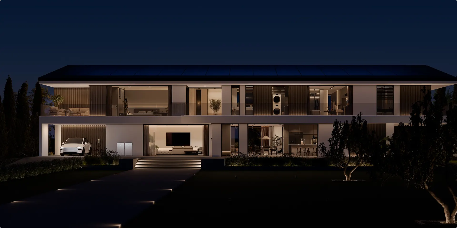 Maison équipée de panneaux solaires et d'une batterie Tesla Powerwall, installée par EOS Énergies
